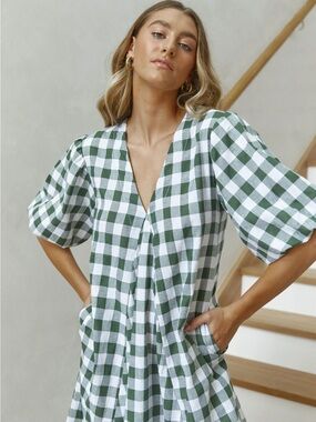 LJC Designs Charlotte Dress Jade Gingham Green White Checkered XS